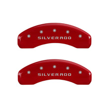 Load image into Gallery viewer, MGP 4 Caliper Covers Engraved Front &amp; Rear Silverado Red finish silver ch