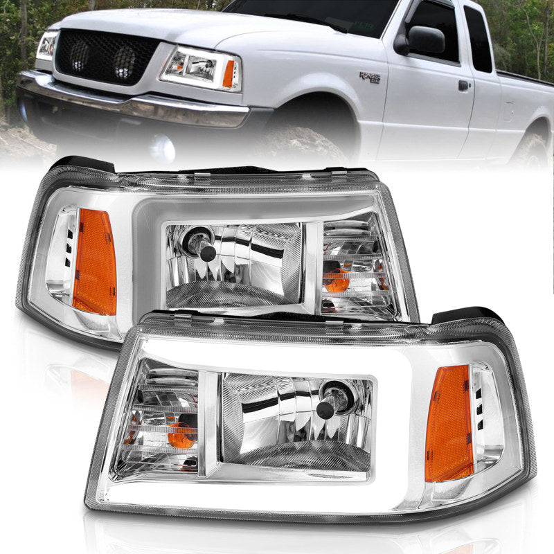 ANZO 2001-2011 Ford Ranger Crystal Headlights w/ Light Bar Chrome Housing