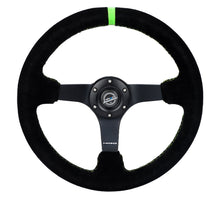 Load image into Gallery viewer, NRG Reinforced Steering Wheel 350mm/3in. Deep Blk Suede/ Neon Green Stitch w/5mm Matte Black Spoke
