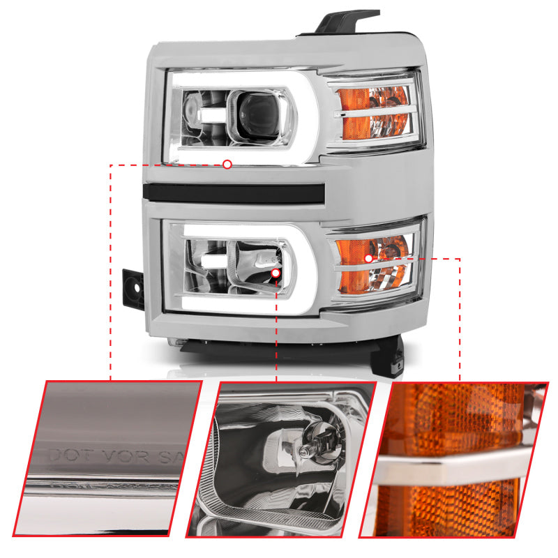 ANZO 14-15 Chevrolet Silverado 1500 Projector Headlights w/ Plank Style Switchback Chrome w/ Amber