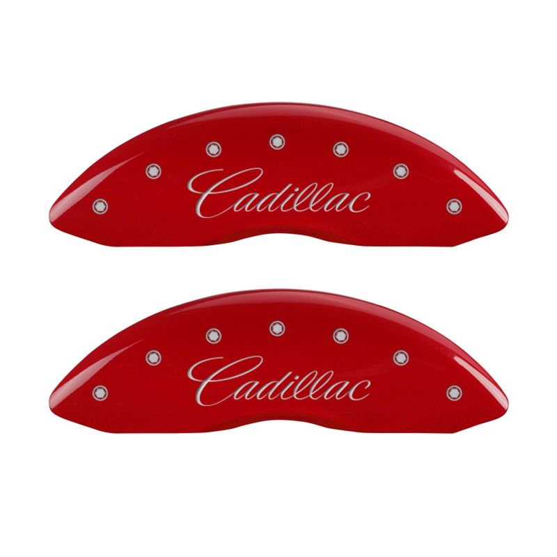 MGP 4 Caliper Covers Engraved Front & Rear Cursive/Cadillac Red finish silver ch