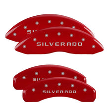 Load image into Gallery viewer, MGP 4 Caliper Covers Engraved Front &amp; Rear Silverado Red finish silver ch